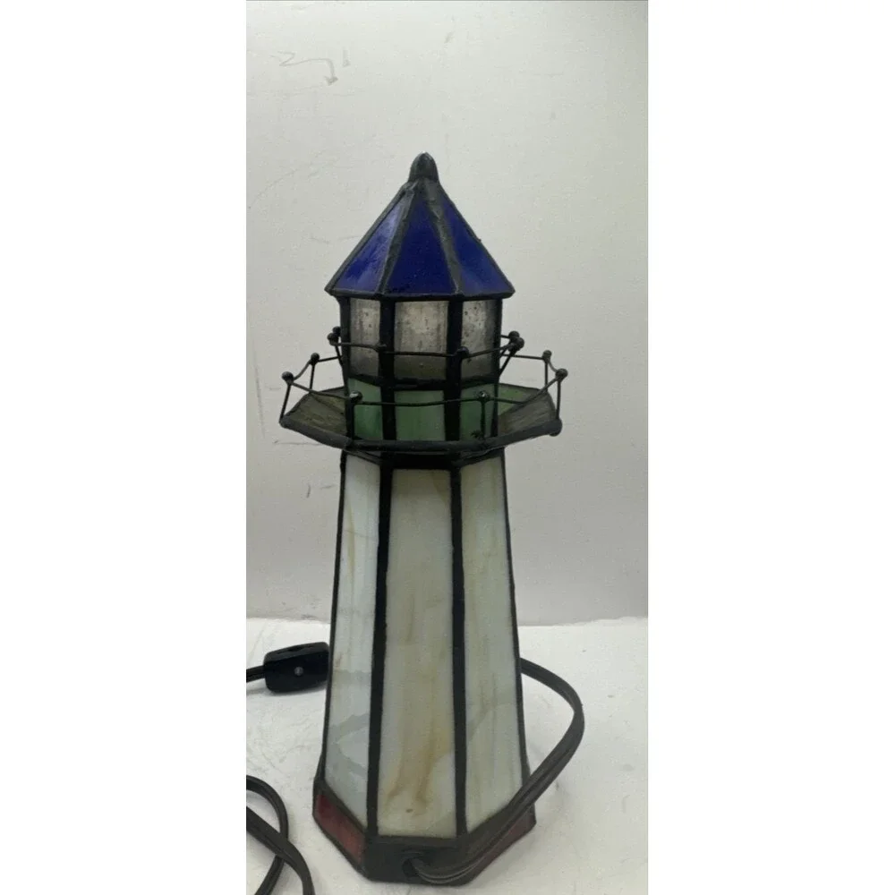 Tiffany Style Stained Slag Glass Lighthouse Accent Lamp Beach Shore WORKS